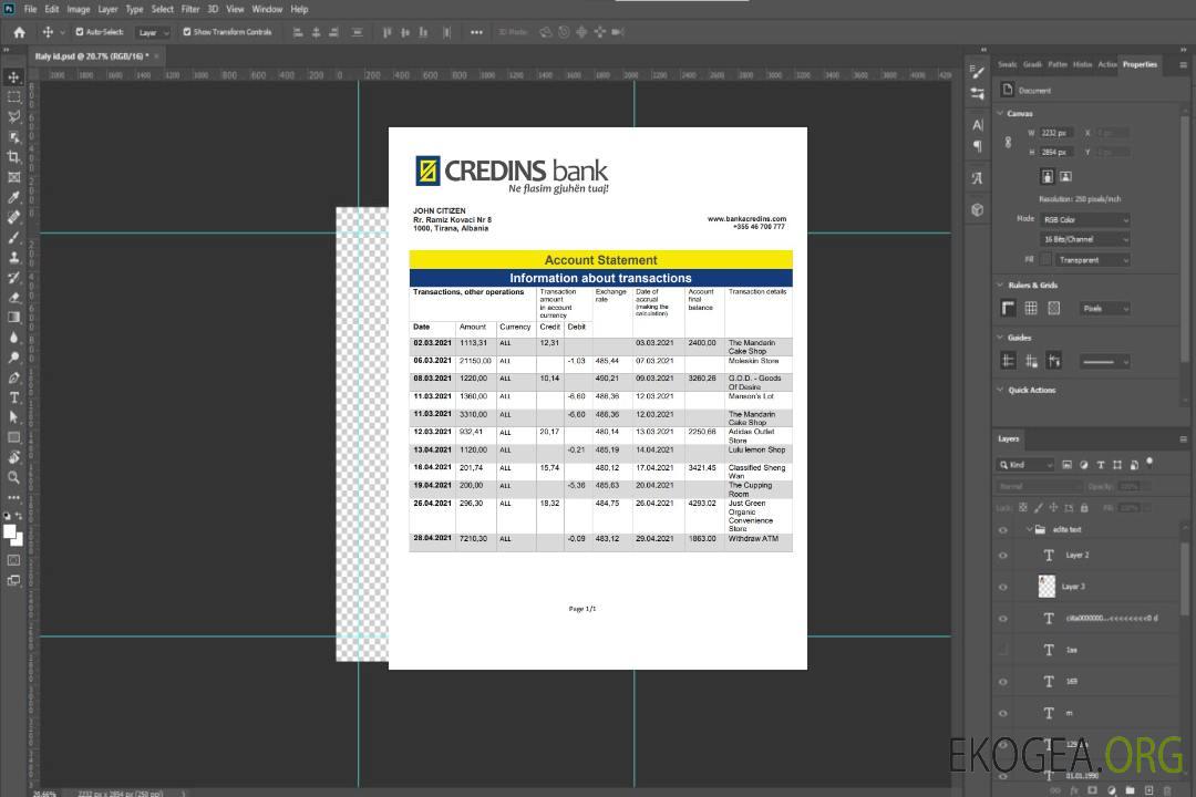 Relevé bancaire Albanie Credins template Relevé bancaire Albanie Credins template